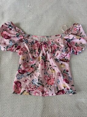 Blue Rain Silk Pink Floral Off-Shoulder Crop Top